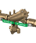 Pro Trade 1 1/2 Inch Bronze Reduced Pressure Principle Backflow Preventer Featuring Ezswap Modular Check For No Sweat Repairs And Stainless Steel Ball Valves shown from side with robust joints.