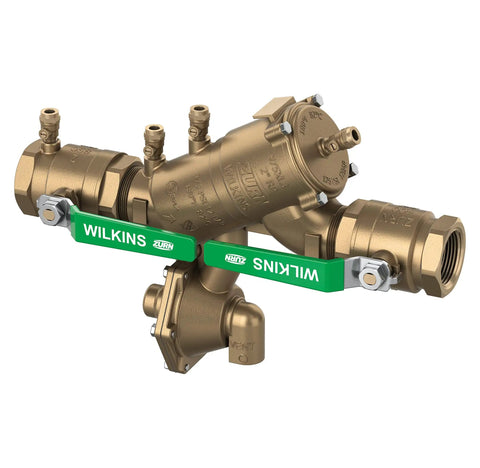 Pro Trade 1 1/2 Inch Bronze Reduced Pressure Principle Backflow Preventer Featuring Ezswap Modular Check For No Sweat Repairs And Stainless Steel Ball Valves shown from side with robust joints.