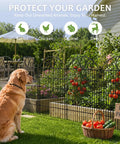 Golden retriever beside No-Dig 10-Panel Tall Garden Fence, 34 Inch High By 22 Foot Long Rustproof Metal Dog Fence For Yard And Flower Beds