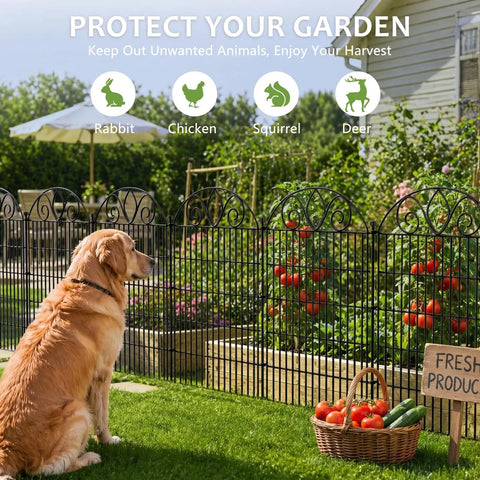 Golden retriever beside No-Dig 10-Panel Tall Garden Fence, 34 Inch High By 22 Foot Long Rustproof Metal Dog Fence For Yard And Flower Beds