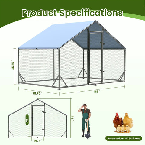 Spire Shaped Walk In Chicken Coop With Waterproof UV Cover, Heavy Duty Outdoor Metal Poultry Run For Backyard Farm dimensions