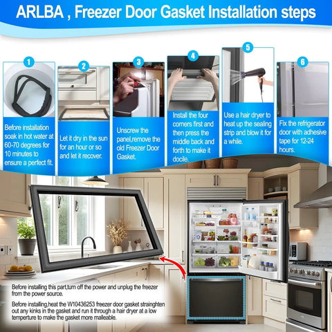 Upgraded 34.2 By 20.8 Inches Freezer Door Gasket Replacement For Refrigerator Seal EPDM Rubber With High Temperature Weld Cold Resistant And Flexible Easy Install W10436253 W10162895 PS11754715 W10164044 AP6021391 Fits Most Freezers shown with installation steps and kitchen view