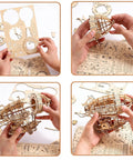 Hands assembling 3D Wooden Airship Puzzle for Grown-Ups and Kids DIY Model Kit Brain Teaser with Laser Cut Plywood Craftsmanship