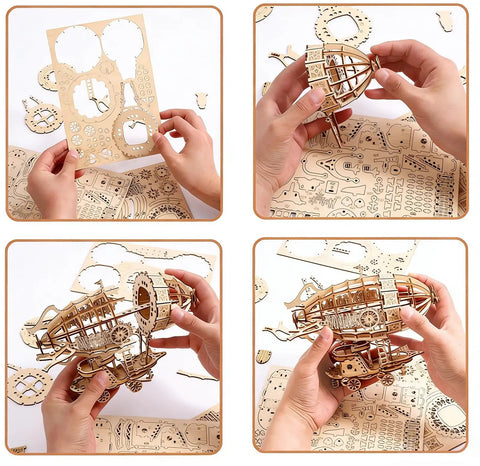Hands assembling 3D Wooden Airship Puzzle for Grown-Ups and Kids DIY Model Kit Brain Teaser with Laser Cut Plywood Craftsmanship