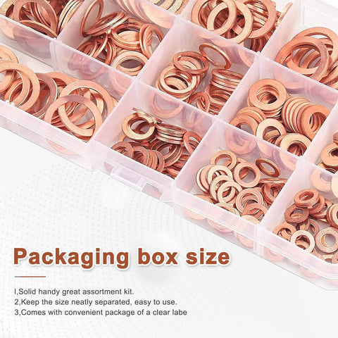 200 Pcs Copper Oil Drain Plug Gasket Set With M5 M6 M8 M10 M12 M14 Crush Washers in clear nine-compartment box