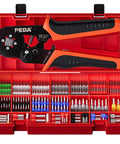 Pro Grade Ferrule Crimping Tool Kit With Self Adjusting Ratchet For AWG 28 To 7, 21 Ferrule Sizes in red carrying case