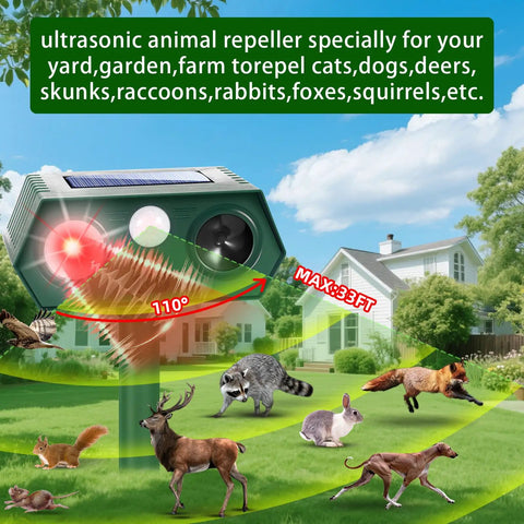Solar Powered Ultrasonic Animal Repeller Pro Defense For Garden And Yard Deterrent Scares Deer Raccoon Squirrel Cats Rabbits Skunk, outdoor unit