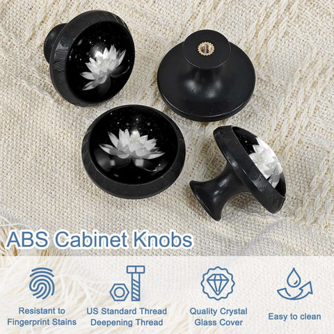 4 Piece Round Drawer Pulls And Knobs For Cabinets And Drawers With Fantasy Flower Lotus Design shown on fabric background
