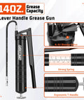Front view of FIXSMITH lever-action grease gun, 14 oz cartridge, 12in reinforced hose, 7in extension, ergonomic T-handle