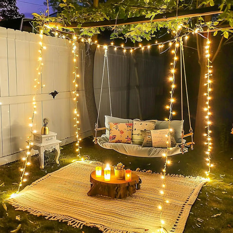 Warm White 300 LED Christmas String Lights With Clear Wire For Indoor Outdoor Use Waterproof Durable Eight Modes set in patio