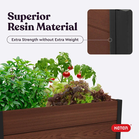 Wood Look Raised Garden Bed 48 Inch By 48 Inch Outdoor Planter For Vegetables Herbs Flowers And Succulents Durable Evotech Composite Material With Easy Five Minute Assembly No Tools Needed Brown displaying vegetables.