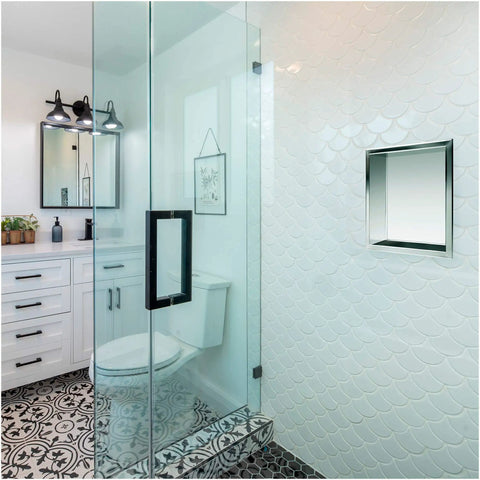 12x12 Inch Stainless Steel Shower Niche in modern bathroom, waterproof in wall shelf, sleek and tile-in with silicone sealant.