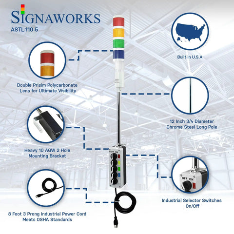 5 Stack LED Andon Tower Light with Red Amber Green Blue White LEDs, 8 Ft Power Cord, Chrome Pole, Switch Box