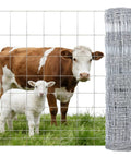 Built Tough Galvanized Woven Wire Fence Panel For Livestock 4 Ft By 328 Ft 14 Gauge Wire With 12 Gauge Border Mesh From 8 In To 3.5 In Ideal For Goat Sheep Hog Deer Horse Yard Garden Field Farm Ranch, shown with cow and sheep behind the panel.