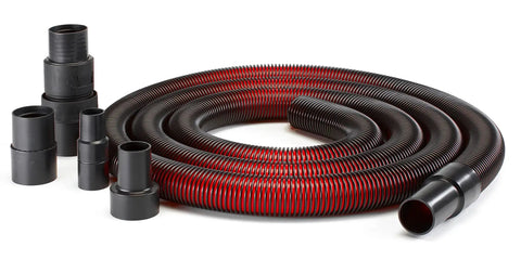 Crush-Resistant 1.5 Inch Vacuum Hose, 12 Ft Long - Premium Wet Dry Replacement, shown coiled with multiple inlet adapters.