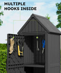 Vertical Outdoor Storage Shed With Waterproof Resin Cabinet Removable Shelves And Twelve Hooks Lockable Garden Tool Shed For Yard And Patio Built To Last No Fuss All Weather Black showing inside hooks for tools.