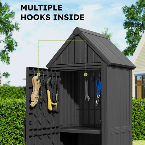 Vertical Outdoor Storage Shed With Waterproof Resin Cabinet Removable Shelves And Twelve Hooks Lockable Garden Tool Shed For Yard And Patio Built To Last No Fuss All Weather Black showing inside hooks for tools.