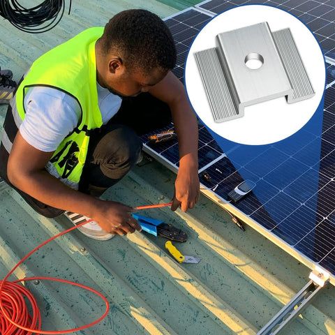 Worker installing solar panels with 50 Pcs Aluminum Solar Panel Mid Clamps 1.06 Inch For Roof Mounts, Silver Bulk Kit