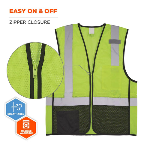 Rock Solid Class 2 High Visibility Safety Vest Featuring Hella Breathable Mesh Back And Sleek Black Front Zip Closure With Multiple Utility Pockets For Crews showing zipper closure and breathable mesh design.