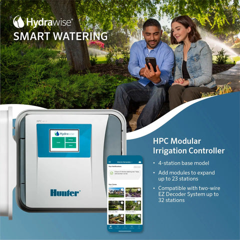 Hydrawise HPC400 Smart WiFi Irrigation Controller for Lawns and Gardens, 4 Zone System showing screen interface outdoors