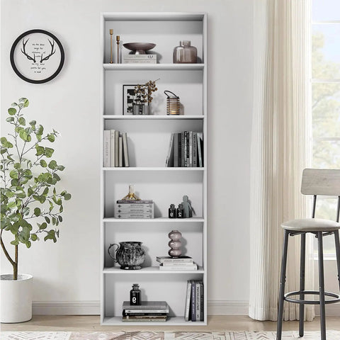 Tall 71 Inch White Bookshelf With Six Open Shelves Floor Standing Bookcase for Living Room Home Office and Bedroom Super Sized Storage for Books Decor and More, showcasing decor items.