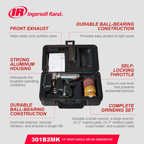Compact Quarter Inch Collet Air Die Grinder Kit With Squared Off Right Angle Frame And Punchy 21000 Rpm Torque Setup shown in storage case with accessories.