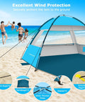 Beach Tent Sun Shade For Large Groups Up To Ten People UPF 50 Plus Easy Pop Up Canopy Shelter With Front Porch on sandy beach