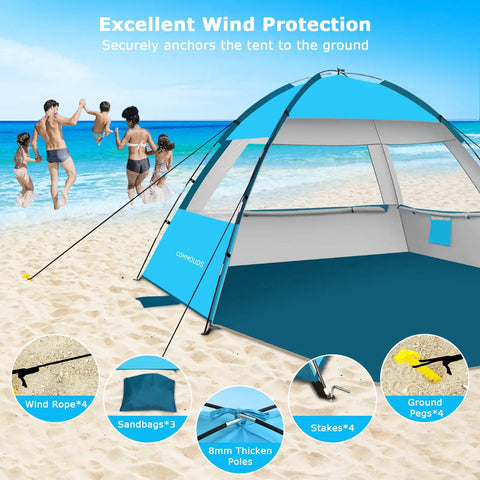 Beach Tent Sun Shade For Large Groups Up To Ten People UPF 50 Plus Easy Pop Up Canopy Shelter With Front Porch on sandy beach