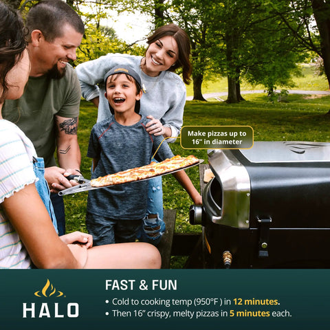 Family using the Versa 16 Pizza Oven With 16 Inch Rotating Stone, Patented Dual Burner System, Crispy 5 Minute Pizzas, Easy Clean