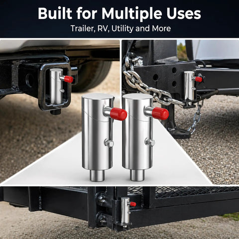 Straight Up Heavy Duty Spring Loaded Twist Lock Plunger Pins Weld On Steel Ball Locking Studs For Wheel Lift Arms Stabilizer Bars Rock Solid Gear Two Pack shown in trailer hitch and utility setup.