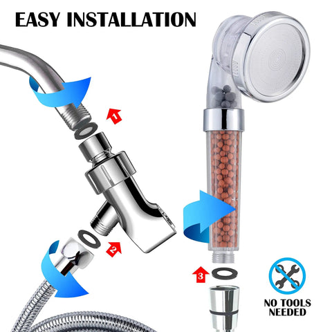 Installation diagram of High Pressure Filter Shower Head With Hose Ionic Mineral Balls For Skin And Hair Health Alkaline Water Softens Hard Water Water Saving Handheld Shower With 3 Modes For A Spa Vibe At Home.