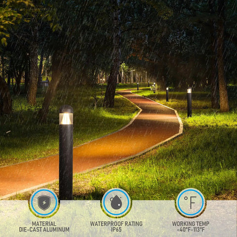 43 Inch Led Bollard Light Featuring Slick Beam Focus And Straight Up Adjustable Warm To Cool Temperature Settings For Top Notch Outdoor Yard Pathway Illumination And Heavy Duty Landscape Garden Accent Lighting in a rainy pathway setting.