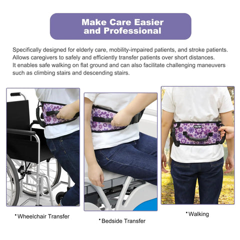 Anti Slip Gait Belt Transfer Strap For Seniors With Quick Release Buckle in use for wheelchair, bedside, and walking transfers