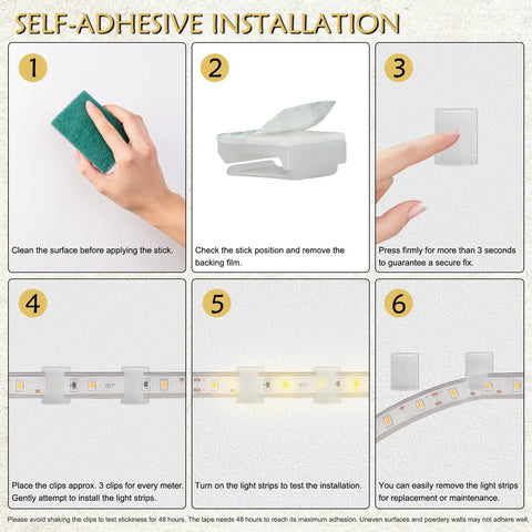 Installation steps for Self Adhesive LED Strip Mounting Clips Pack Of 100 for 8mm 10mm and 12mm light strips.