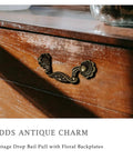 Six Pack Antique Brass Drop Bail Pulls With Vintage Floral Base Plates on wooden dresser for furniture renovation
