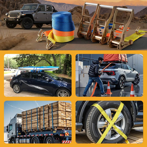 Tough As Nails 2 Inch Ratchet Straps 20 Foot Tie Down Cargo Binders Featuring Dual Steel J Hooks and High Strength Polyester Webbing for secure cargo.