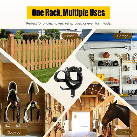 Multi-use Six Pack Horse Bridle Rack Hooks Kit Heavy Duty Metal Halter Hanger with tubes and screws shown in various settings