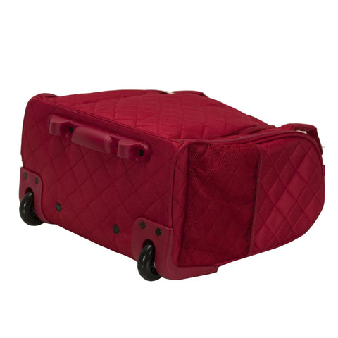 Red quilted underseat carry-on luggage with wheels, showing side mesh pocket, fits under airplane seats, 9x14x15 inches.