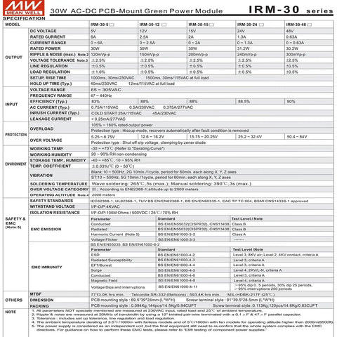 Specification sheet for Beefy 30W AC-DC Power Module With 5V Output For PCB Mount Or Screw Terminal 5V 6A IRM-30-5ST.