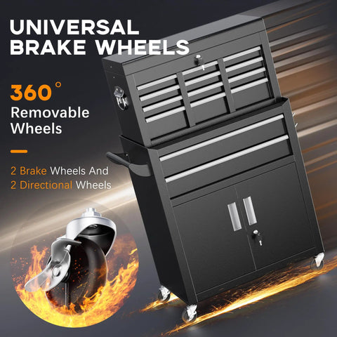 Rollin Tool Chest With Wheels And Eight Drawers, Detachable Top Box And Bottom Cabinet With Locking Mechanism, Heavy Duty Steel Toolbox For Garage, Workshop, And Warehouse, Black Liner Included, High Capacity with 360° removable brake wheels