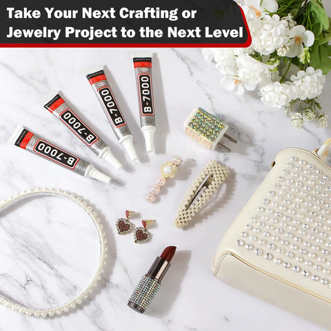 Multipurpose Craft Glue For Jewelry Making And DIY Projects, 15ml 0.5oz Each, 24 Pack shown with glued accessories and flowers.