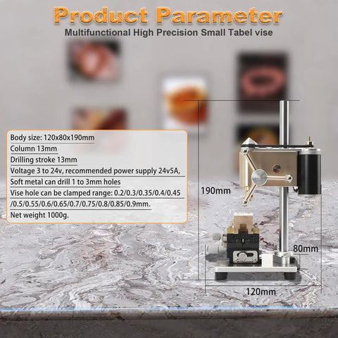 Ultimate Precision Watch Drill Press With Variable Speed Benchtop Motor And Adjustable Voltage, detailed technical specifications, 120x80x190mm size.