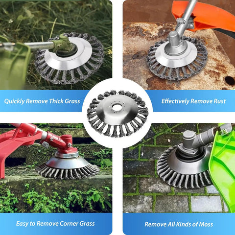 10-Inch Universal Weed Brush Cutter Head Beefy Heavy Duty Steel Weed Eater Attachments Fits Most Straight Shaft Trimmers with 10mm Drive Shaft Includes Adapters for Edging Moss Removal Weeds and Stains on Pavement and Driveways shown in use on various surfaces.