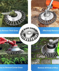 10 Inch Universal Weed Brush Cutter Head For String Trimmers With 10mm Drive Shaft in use on grass, brick, and moss surfaces
