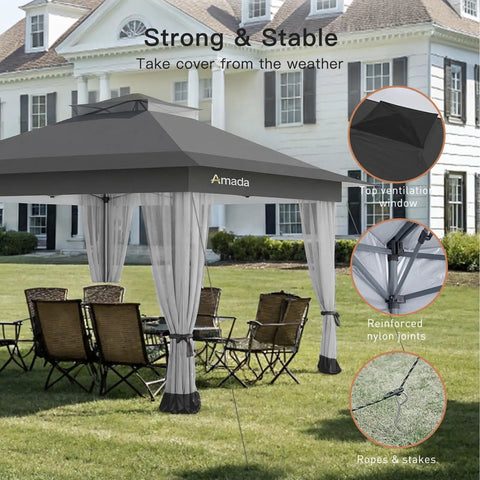 13x13 Pop Up Gazebo Canopy No Fuss Backyard Patio With Mosquito Netting, Easy Setup One Push Center Lock, Grey Party Tent