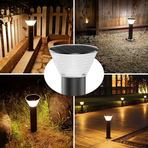 Solar Post Lights Outdoor 23.6 Inch shown illuminating gardens and walkways with warm 3000K light, auto on off feature, easy installation.