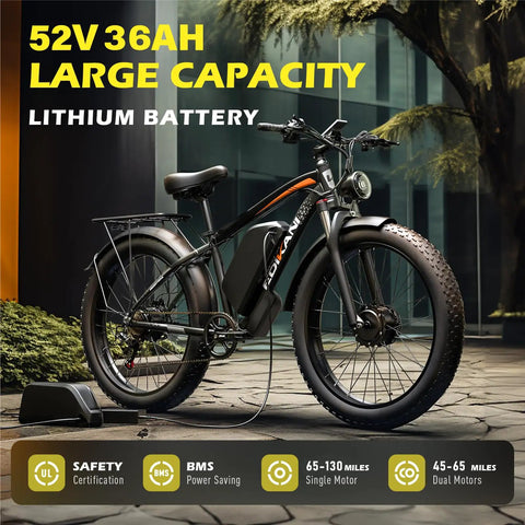 Dual Motor Fat Tire Electric Bike For Adults, 6000W Peak Power, large fat tires, 52V 36Ah 1872Wh removable battery, urban setting
