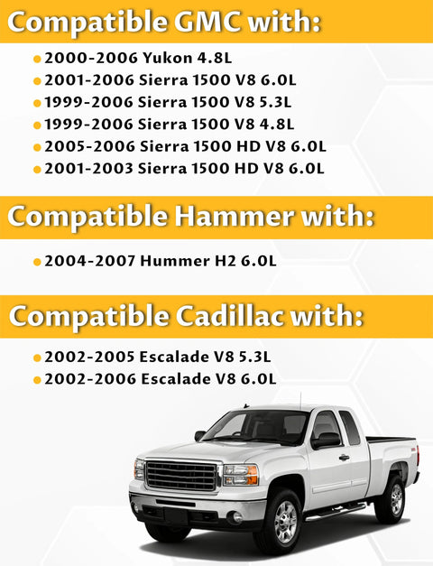 Chevy Silverado compatible vehicles list, including GMC, Hummer, Cadillac models with V8 engines, alongside a truck image.