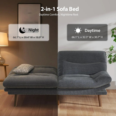 66 Inch Corduroy Futon Sofa Bed With Adjustable Backrest And Armrests, half as sleeper, half as recliner, in grey