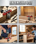 Heavy Duty Self Centering Doweling Jig Kit With Precision Drill Guide For Woodworking Crafts showing setup and drilling use in a workshop.